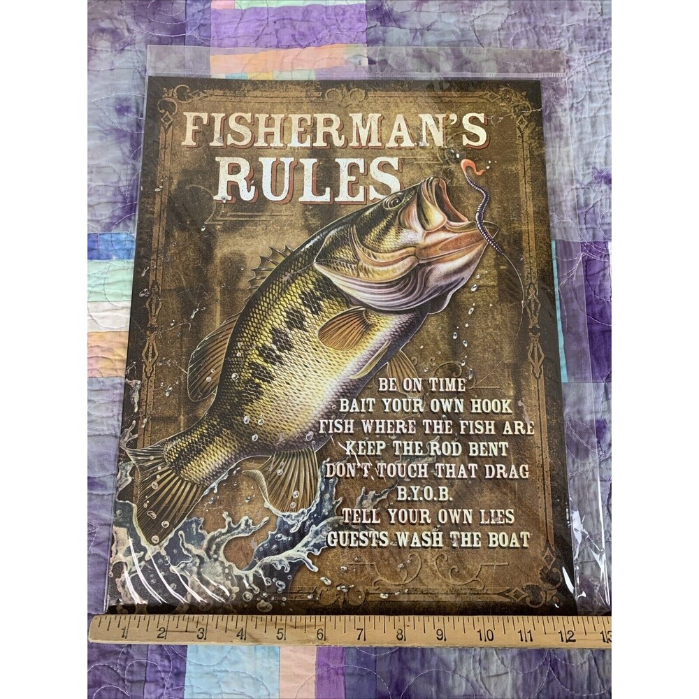 Fisherman’s Rules Metal Sign 12.5" X 16" Man Cave Garage Wall Decor Shop Fishing - Picture 2 of 3